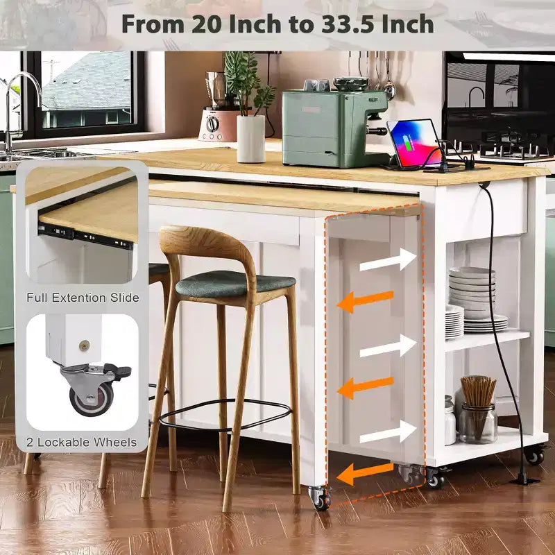 47 Îlot de cuisine avec table à manger extensible, Table de cuisine en placage de bois d'hévéa avec étagère de rangement et prise de courant et 2 tiroirs, 2 armoires, Blanc