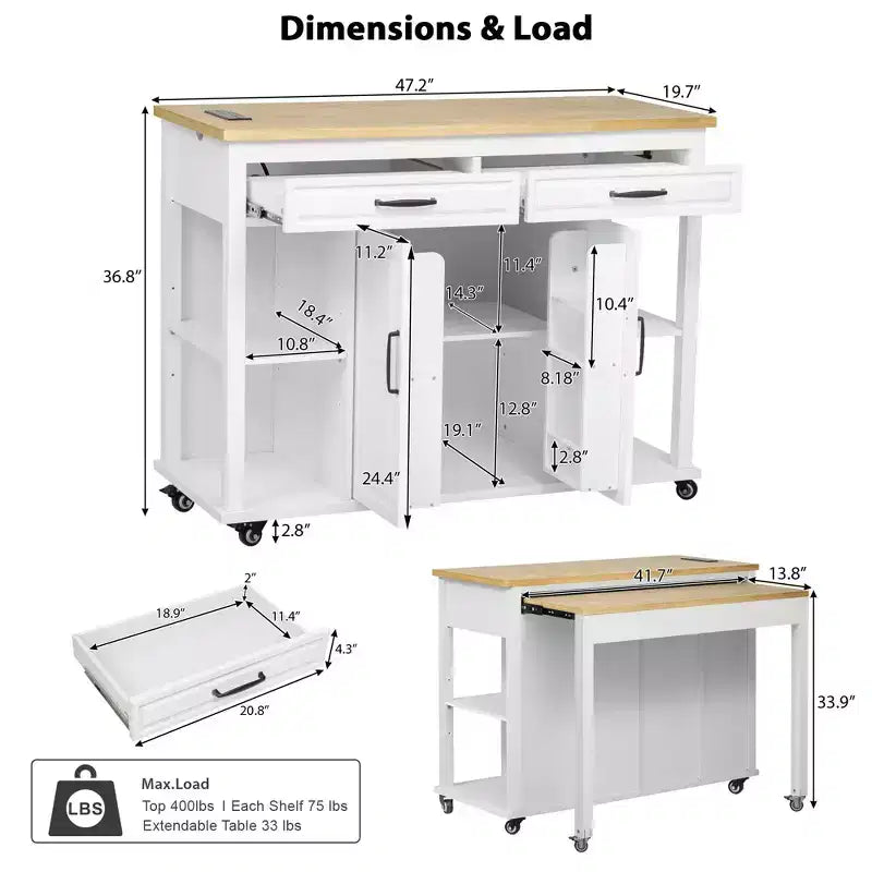 47 Îlot de cuisine avec table à manger extensible, Table de cuisine en placage de bois d'hévéa avec étagère de rangement et prise de courant et 2 tiroirs, 2 armoires, Blanc