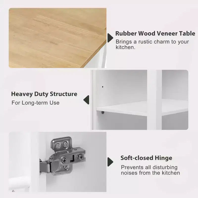 47 Îlot de cuisine avec table à manger extensible, Table de cuisine en placage de bois d'hévéa avec étagère de rangement et prise de courant et 2 tiroirs, 2 armoires, Blanc