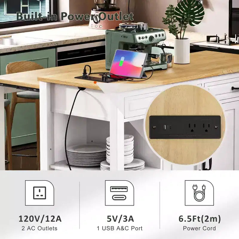 47 Îlot de cuisine avec table à manger extensible, Table de cuisine en placage de bois d'hévéa avec étagère de rangement et prise de courant et 2 tiroirs, 2 armoires, Blanc