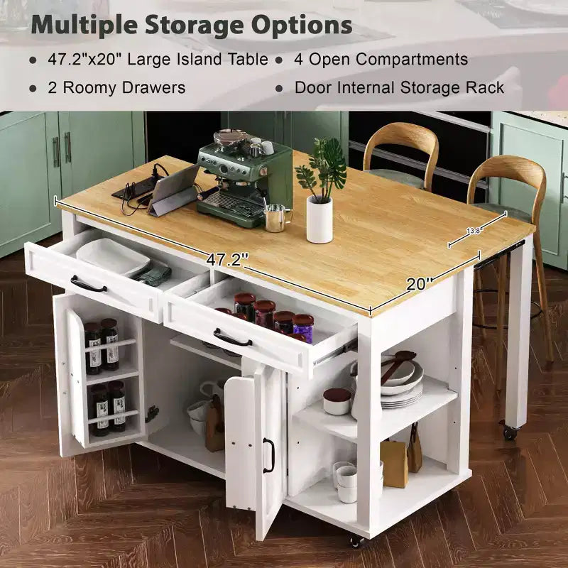 47 Îlot de cuisine avec table à manger extensible, Table de cuisine en placage de bois d'hévéa avec étagère de rangement et prise de courant et 2 tiroirs, 2 armoires, Blanc