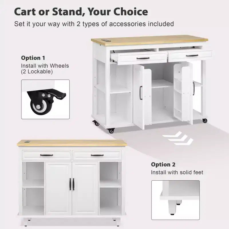 47 Îlot de cuisine avec table à manger extensible, Table de cuisine en placage de bois d'hévéa avec étagère de rangement et prise de courant et 2 tiroirs, 2 armoires, Blanc