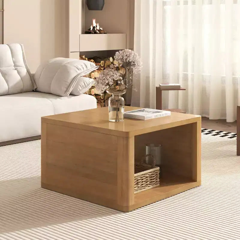 Table basse carrée en bois avec rangement, table centrale à 2 niveaux, table d'appoint avec compartiment de rangement semi-ouvert pour salon