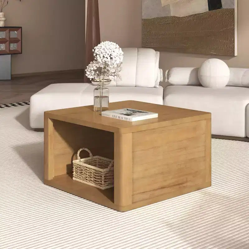 Table basse carrée en bois avec rangement, table centrale à 2 niveaux, table d'appoint avec compartiment de rangement semi-ouvert pour salon