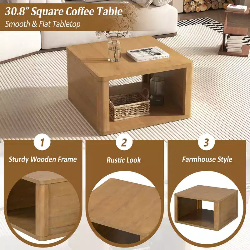 Table basse carrée en bois avec rangement, table centrale à 2 niveaux, table d'appoint avec compartiment de rangement semi-ouvert pour salon