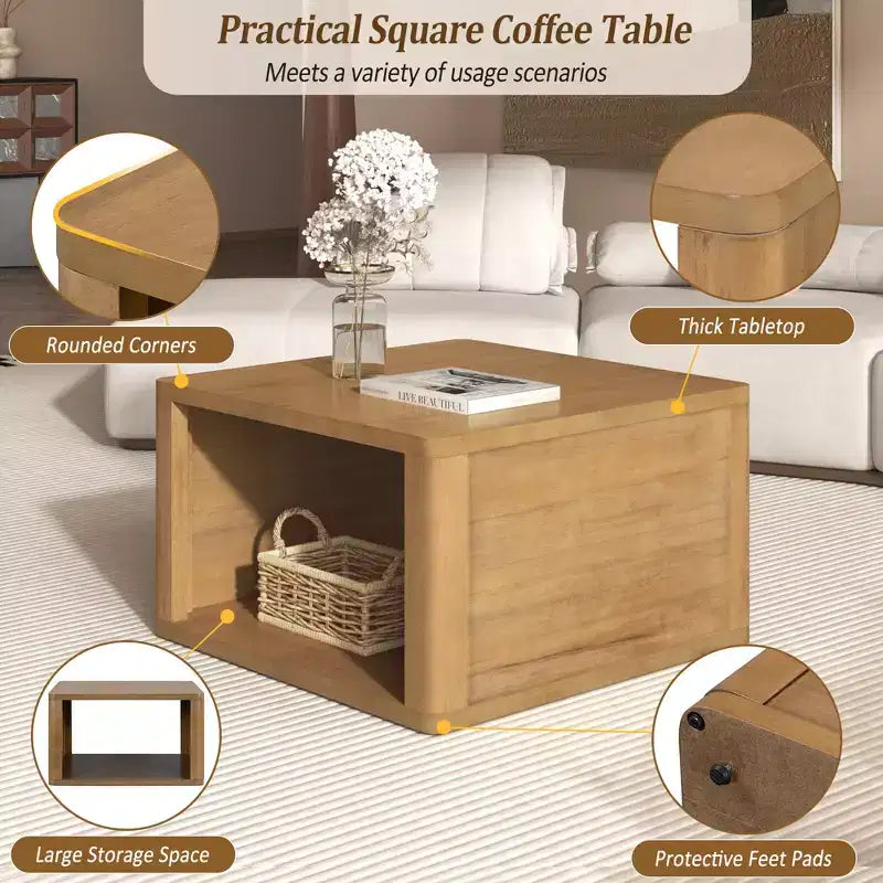 Table basse carrée en bois avec rangement, table centrale à 2 niveaux, table d'appoint avec compartiment de rangement semi-ouvert pour salon