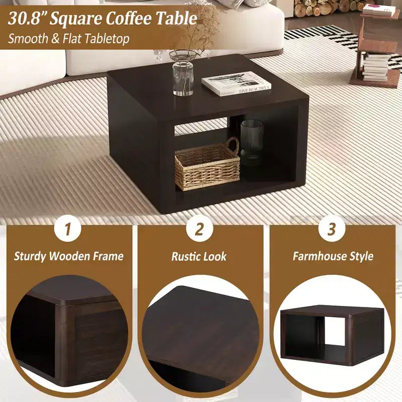 Table basse carrée en bois avec rangement, table centrale à 2 niveaux, table d'appoint avec compartiment de rangement semi-ouvert pour salon