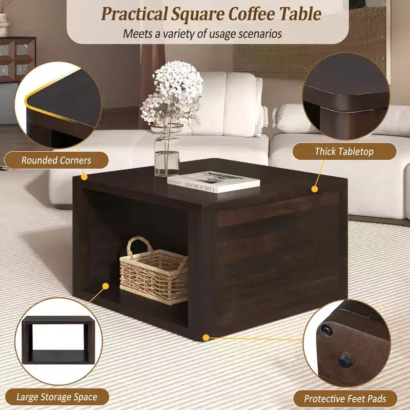 Table basse carrée en bois avec rangement, table centrale à 2 niveaux, table d'appoint avec compartiment de rangement semi-ouvert pour salon