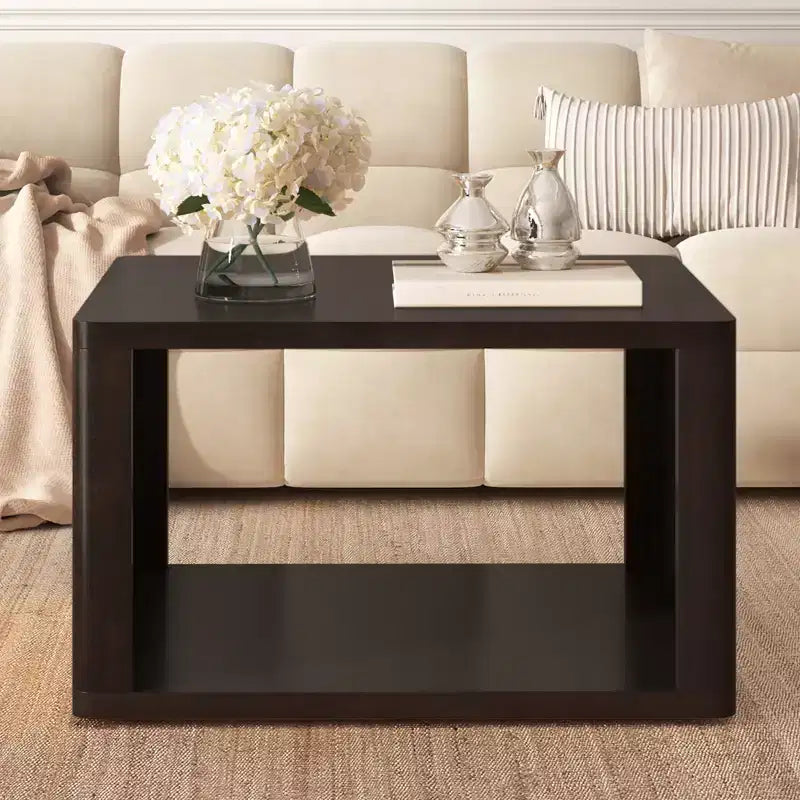 Wood Square Coffee Table with Storage, 2 Tier Center Table, End Table with Half Open Storage Compartment for Living Room