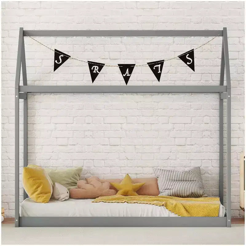 Twin Size Wooden House Floor Bed with Roof - Easy Assembly, No Box Spring Needed for Kids