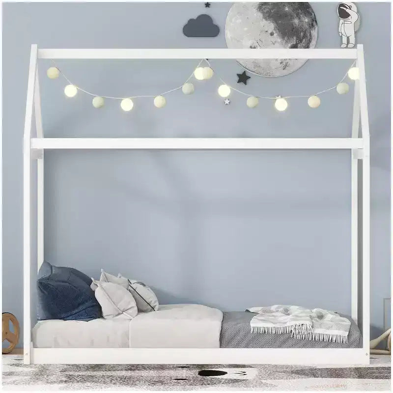 Lit de maison en bois pour enfants avec toit – Montage facile, pas besoin de sommier tapissier