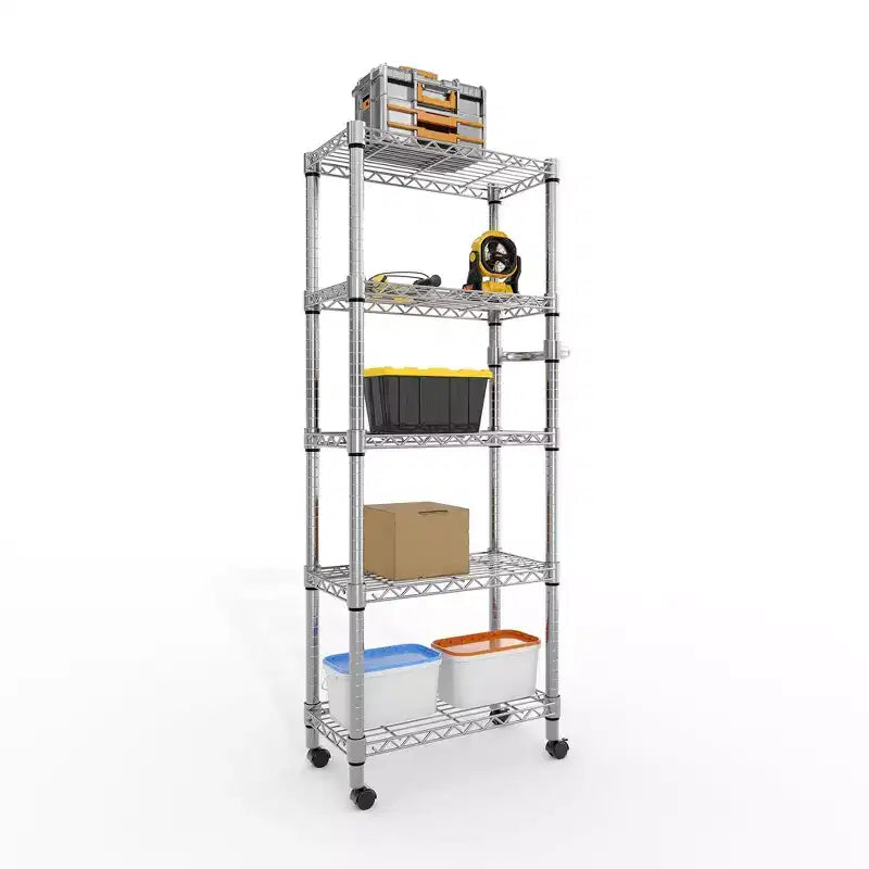 Acekool 5 Tier Metal Storage Shelves with Wheels, 1100 LBS Adjustable Wire Shelving Rack with Side Handle and Locking Wheels, Silver