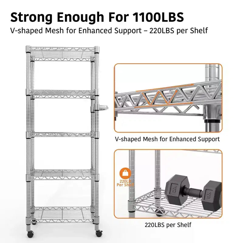Étagères de Rangement en Métal à 5 Niveaux avec Roues, Étagère Métallique Réglable de 499 kg avec Poignée Latérale et Roues Verrouillables, Argent