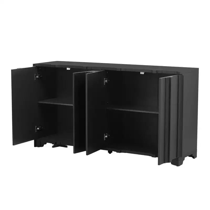 Buffet moderne à 4 portes, meuble de rangement avec accents linéaires, placage de pin, pieds triangulaires, console pour salon, entrée, bureau