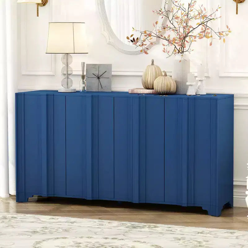 Buffet moderne à 4 portes, meuble de rangement avec accents linéaires, placage de pin, pieds triangulaires, console pour salon, entrée, bureau