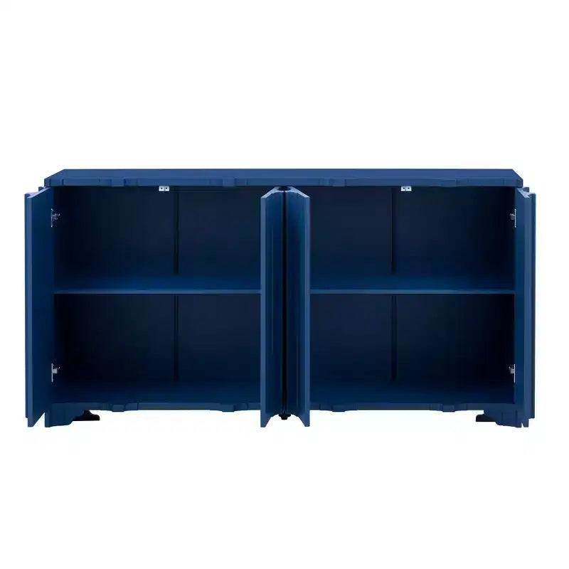 Buffet moderne à 4 portes, meuble de rangement avec accents linéaires, placage de pin, pieds triangulaires, console pour salon, entrée, bureau