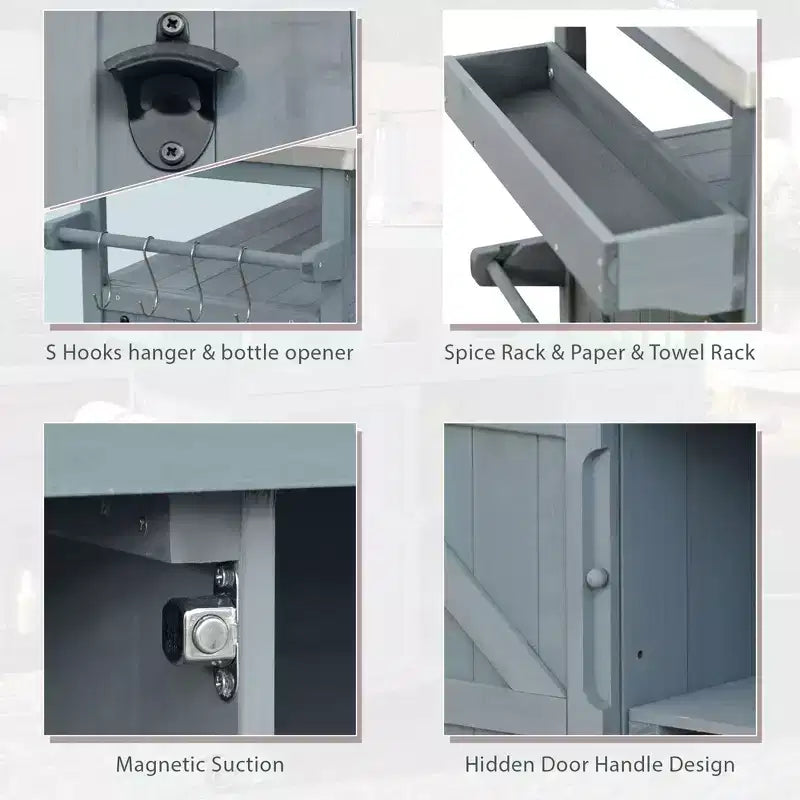 Îlot de cuisine extérieur avec plateau en acier inoxydable, table de préparation de barbecue mobile avec support à épices, porte-serviettes, armoire de rangement pour cuisine et barbecue