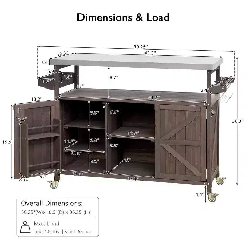 Îlot de cuisine extérieur avec plateau en acier inoxydable, table de préparation de barbecue mobile avec support à épices, porte-serviettes, armoire de rangement pour cuisine et barbecue