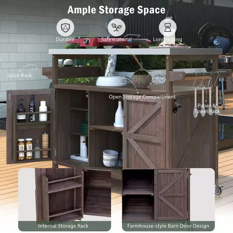 Îlot de cuisine extérieur avec plateau en acier inoxydable, table de préparation de barbecue mobile avec support à épices, porte-serviettes, armoire de rangement pour cuisine et barbecue