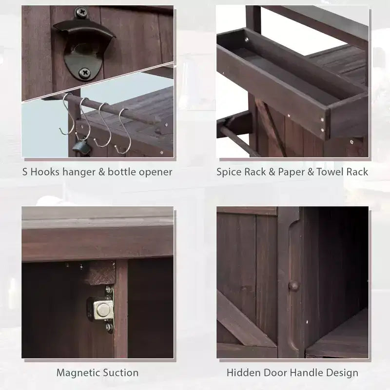 Îlot de cuisine extérieur avec plateau en acier inoxydable, table de préparation de barbecue mobile avec support à épices, porte-serviettes, armoire de rangement pour cuisine et barbecue