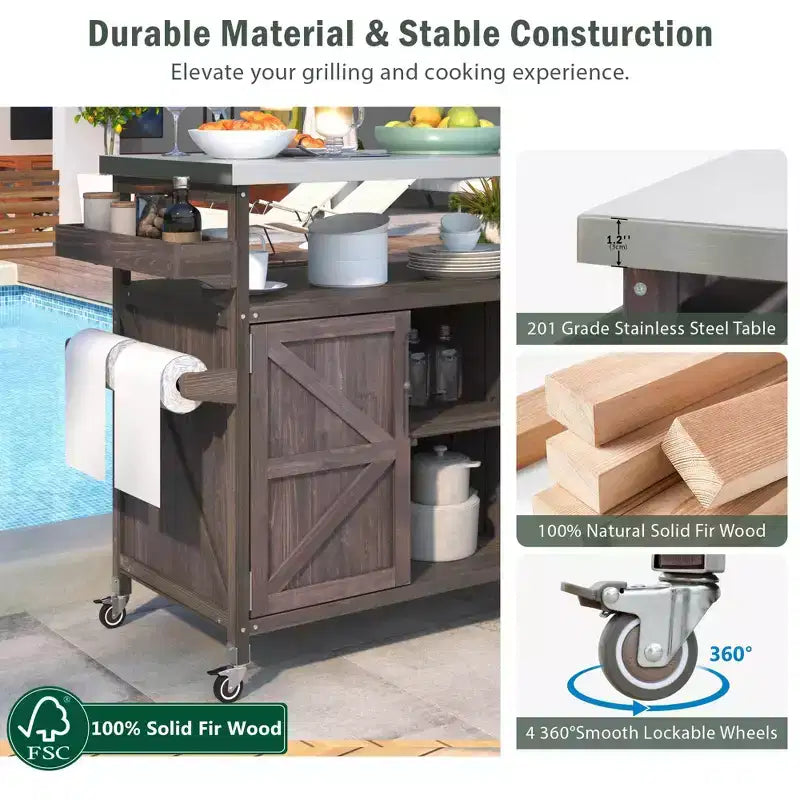 Îlot de cuisine extérieur avec plateau en acier inoxydable, table de préparation de barbecue mobile avec support à épices, porte-serviettes, armoire de rangement pour cuisine et barbecue