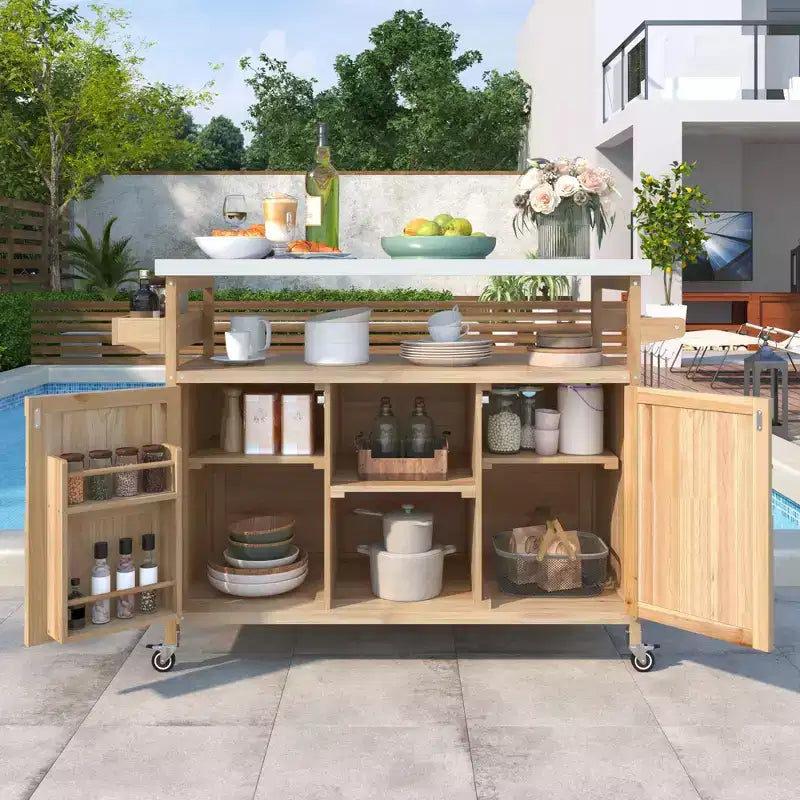 Îlot de cuisine extérieur avec plateau en acier inoxydable, table de préparation de barbecue mobile avec support à épices, porte-serviettes, armoire de rangement pour cuisine et barbecue