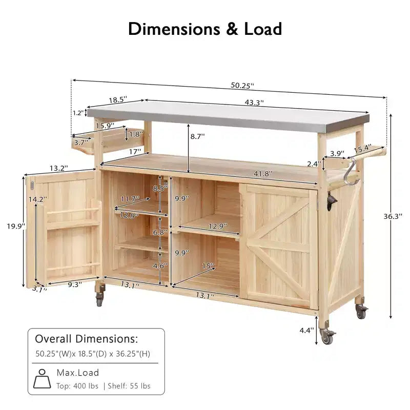 Îlot de cuisine extérieur avec plateau en acier inoxydable, table de préparation de barbecue mobile avec support à épices, porte-serviettes, armoire de rangement pour cuisine et barbecue