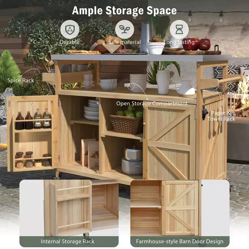 Îlot de cuisine extérieur avec plateau en acier inoxydable, table de préparation de barbecue mobile avec support à épices, porte-serviettes, armoire de rangement pour cuisine et barbecue