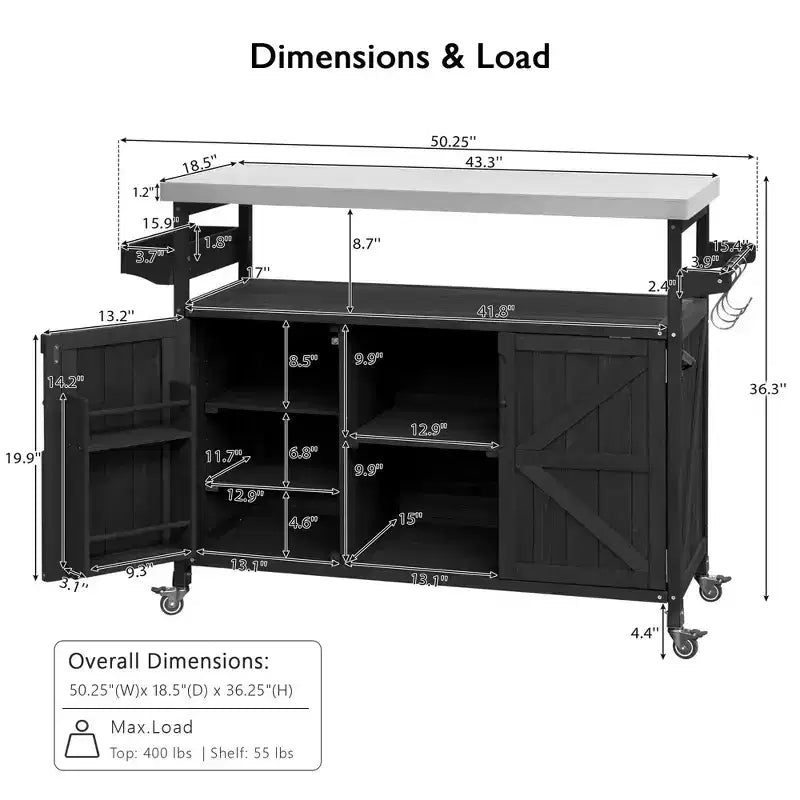 Îlot de cuisine extérieur avec plateau en acier inoxydable, table de préparation de barbecue mobile avec support à épices, porte-serviettes, armoire de rangement pour cuisine et barbecue