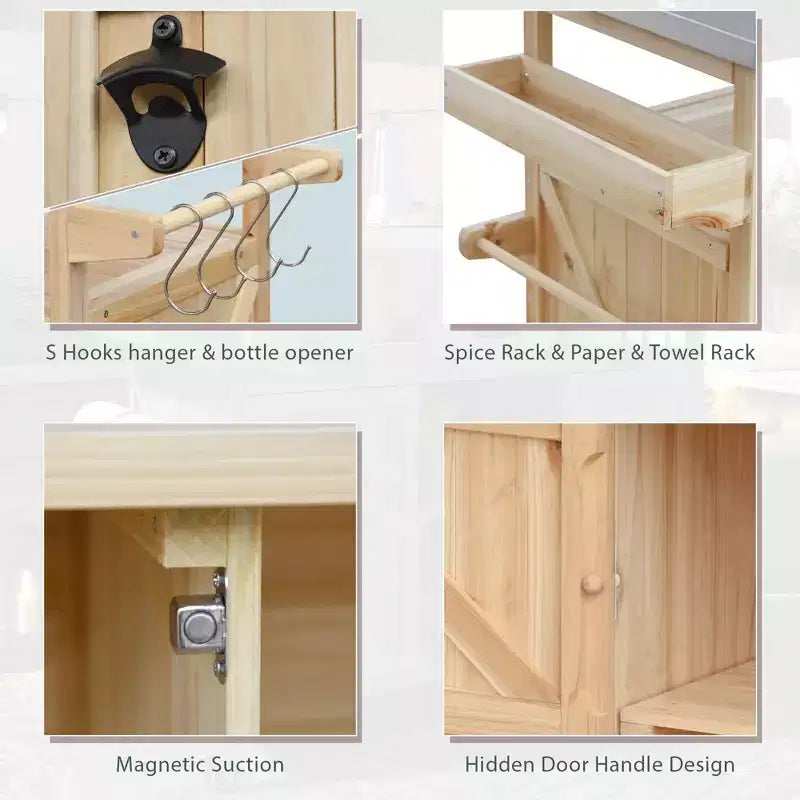 Îlot de cuisine extérieur avec plateau en acier inoxydable, table de préparation de barbecue mobile avec support à épices, porte-serviettes, armoire de rangement pour cuisine et barbecue