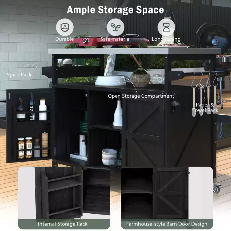 Îlot de cuisine extérieur avec plateau en acier inoxydable, table de préparation de barbecue mobile avec support à épices, porte-serviettes, armoire de rangement pour cuisine et barbecue