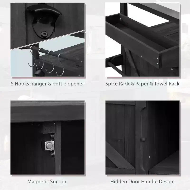 Îlot de cuisine extérieur avec plateau en acier inoxydable, table de préparation de barbecue mobile avec support à épices, porte-serviettes, armoire de rangement pour cuisine et barbecue
