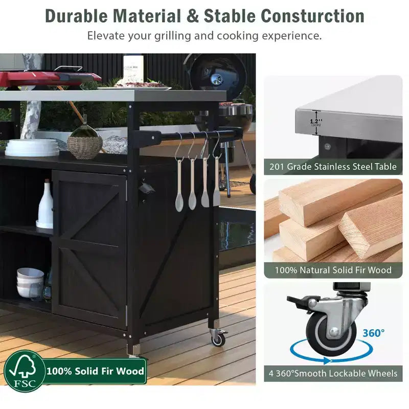 Îlot de cuisine extérieur avec plateau en acier inoxydable, table de préparation de barbecue mobile avec support à épices, porte-serviettes, armoire de rangement pour cuisine et barbecue