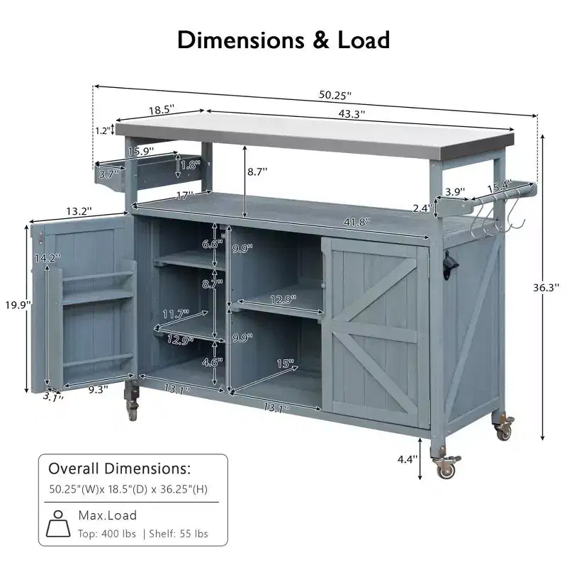 Îlot de cuisine extérieur avec plateau en acier inoxydable, table de préparation de barbecue mobile avec support à épices, porte-serviettes, armoire de rangement pour cuisine et barbecue