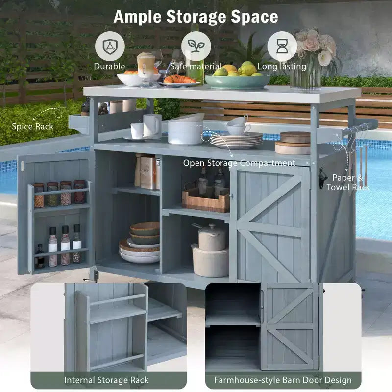 Îlot de cuisine extérieur avec plateau en acier inoxydable, table de préparation de barbecue mobile avec support à épices, porte-serviettes, armoire de rangement pour cuisine et barbecue