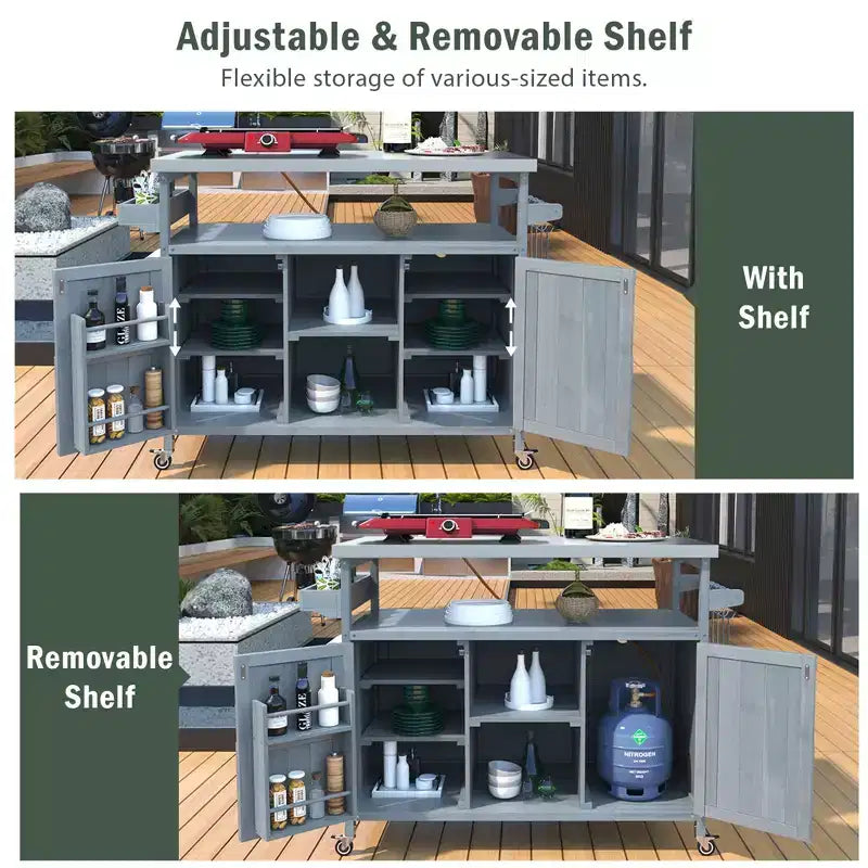 Îlot de cuisine extérieur avec plateau en acier inoxydable, table de préparation de barbecue mobile avec support à épices, porte-serviettes, armoire de rangement pour cuisine et barbecue