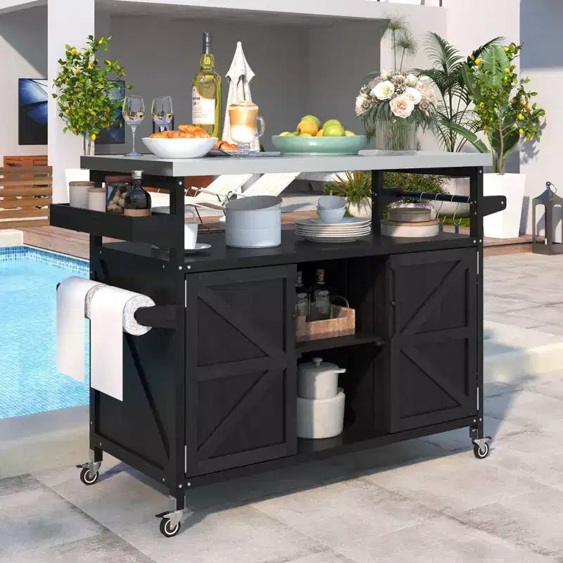 TUYOHW Outdoor Kitchen Island with Stainless Steel Top,Mobile Grill Prep Table with Spice Rack,Towel Rack,Storage Cabinet for Kitchen & BBQ