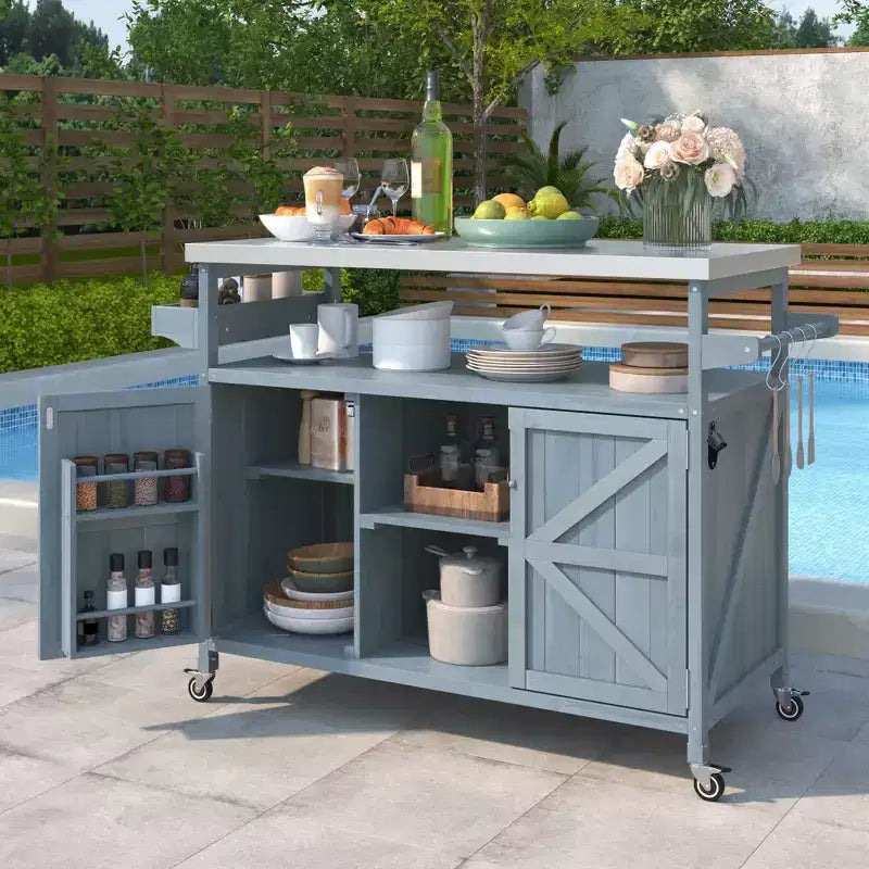 Îlot de cuisine extérieur avec plateau en acier inoxydable, table de préparation de barbecue mobile avec support à épices, porte-serviettes, armoire de rangement pour cuisine et barbecue