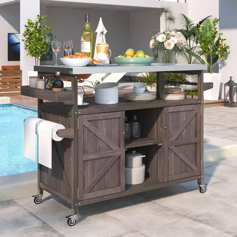 Îlot de cuisine extérieur avec plateau en acier inoxydable, table de préparation de barbecue mobile avec support à épices, porte-serviettes, armoire de rangement pour cuisine et barbecue