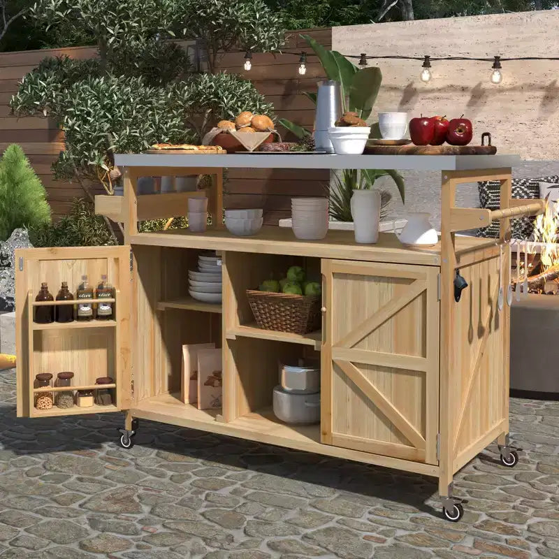 Îlot de cuisine extérieur avec plateau en acier inoxydable, table de préparation de barbecue mobile avec support à épices, porte-serviettes, armoire de rangement pour cuisine et barbecue