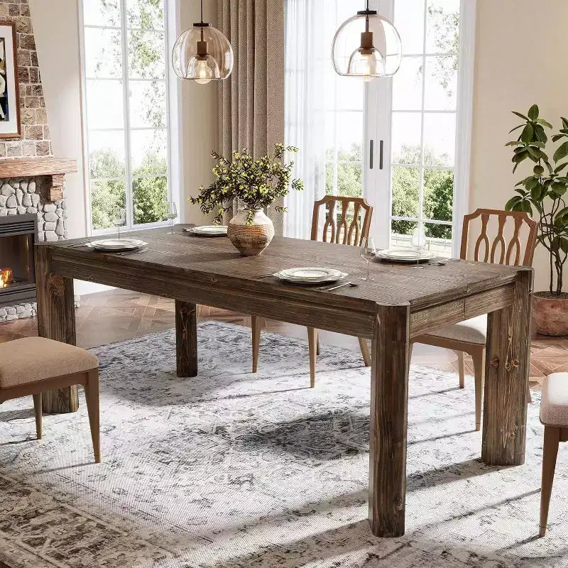 Table à manger en bois massif de 63 pouces pour 6 personnes, table de cuisine de style ferme avec pieds robustes pour salle à manger, montage facile