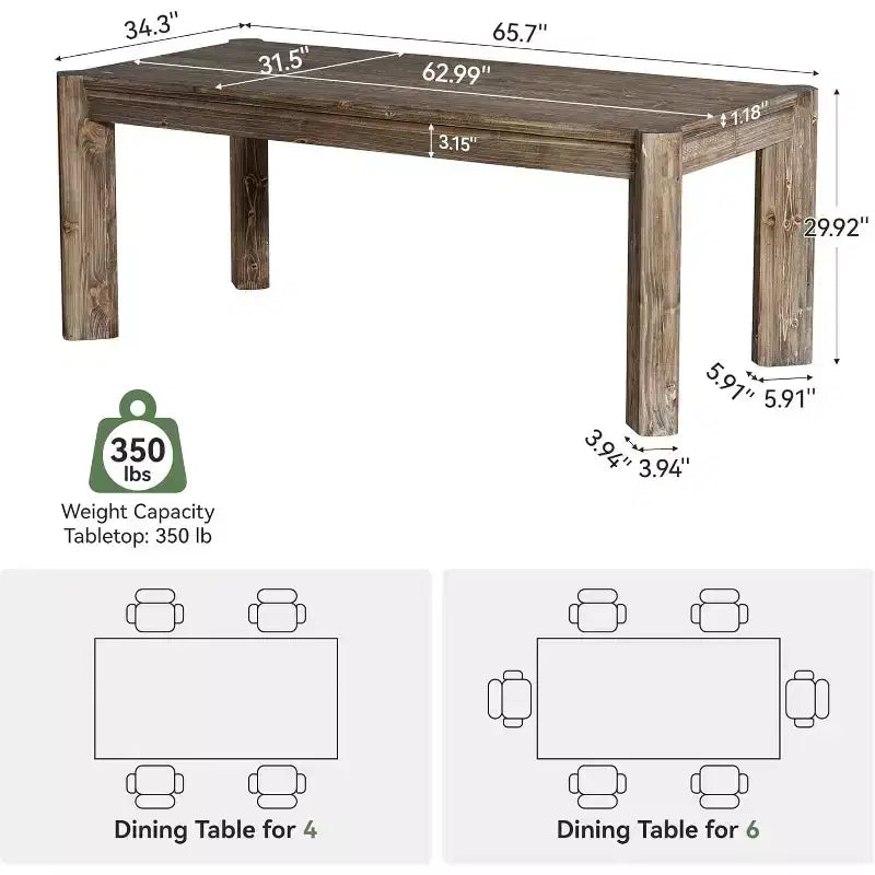 Table à manger en bois massif de 63 pouces pour 6 personnes, table de cuisine de style ferme avec pieds robustes pour salle à manger, montage facile
