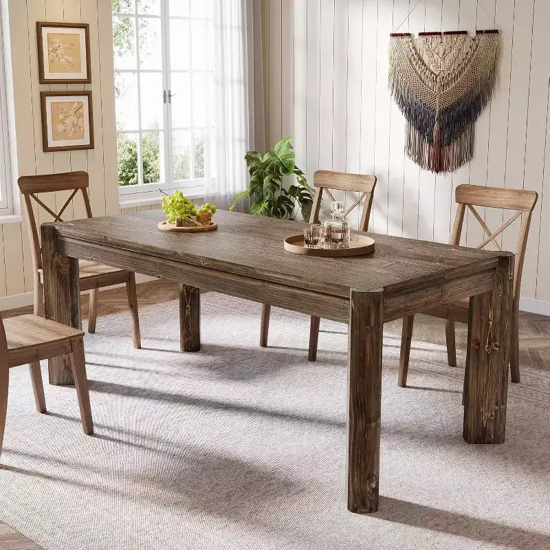Table à manger en bois massif de 63 pouces pour 6 personnes, table de cuisine de style ferme avec pieds robustes pour salle à manger, montage facile