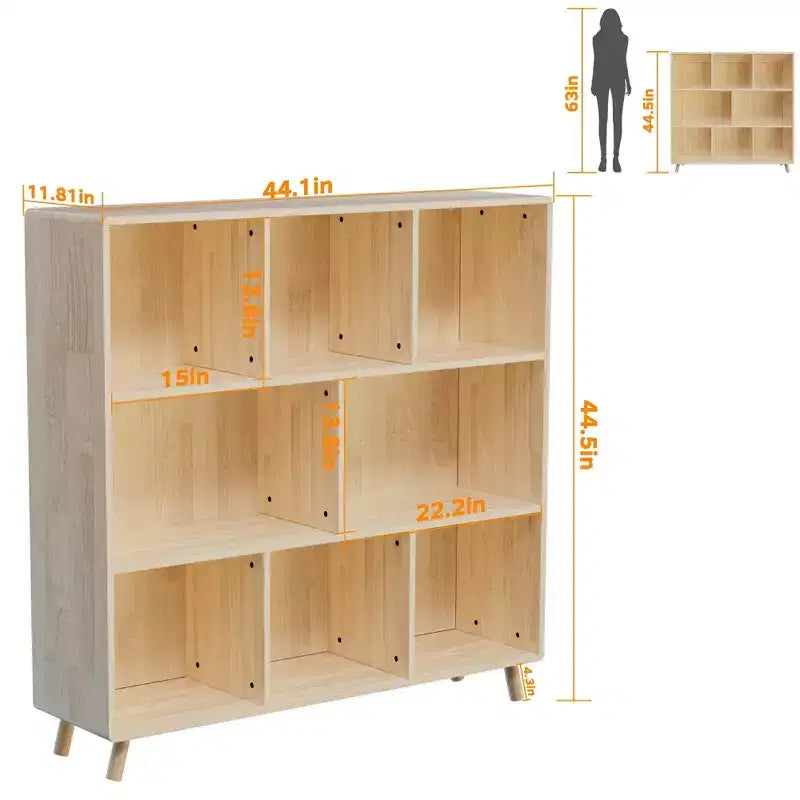 Meuble de rangement en pin à 8 compartiments, organisateur à étagères fixes de 44L x 44H pour livres/jouets/décoration intérieure, bibliothèque moderne en bois