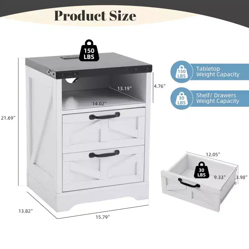 Table d'appoint de ferme avec station de recharge, port USB et port Type-C, table de chevet moderne pour chambre à coucher, salon, bureau, armoire de chevet