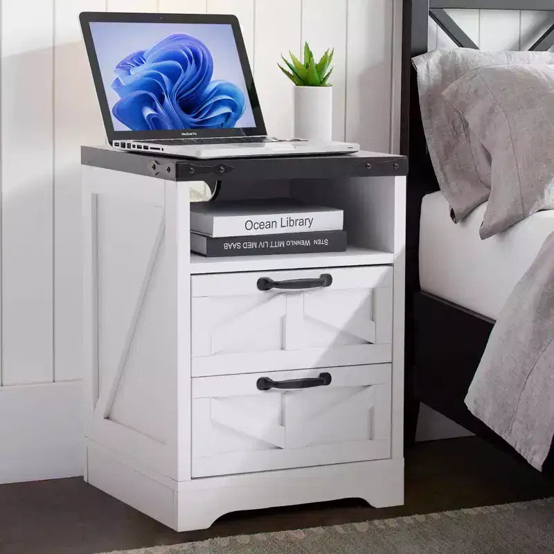 Farmhouse End Table with Charging Station, USB Port & Type-c Port, Modern Nightstand for Bedroom, Living Room, Office, Bedside Cabinet