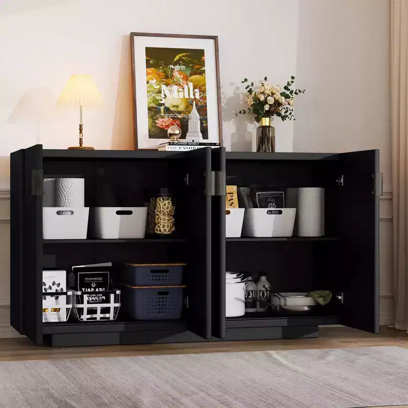 Armoire de service avec 4 portes cannelées, buffet de rangement avec étagères réglables, poignées en cuivre rétro, crédence pour salle à manger et salon