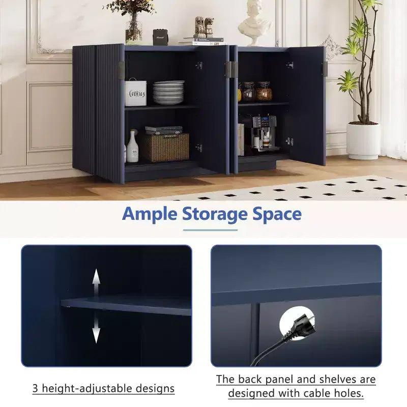 Armoire de service avec 4 portes cannelées, buffet de rangement avec étagères réglables, poignées en cuivre rétro, crédence pour salle à manger et salon