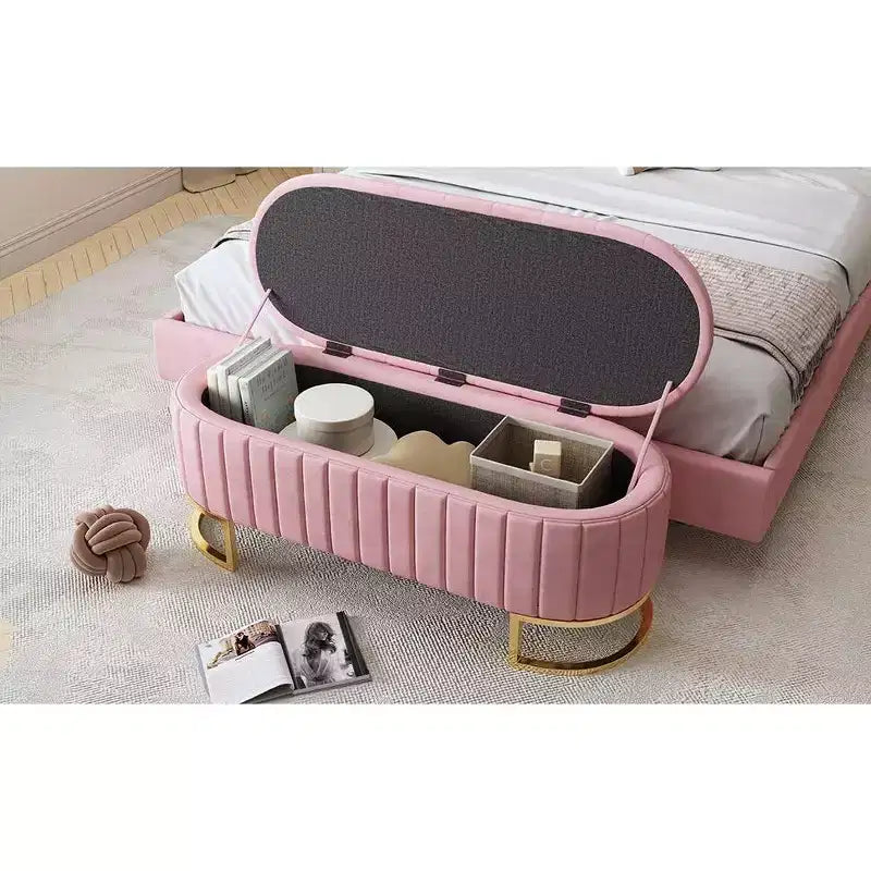 Banc de rangement élégant rembourré avec capitonnage, banc d'entrée avec pieds en métal, banc de bout de lit facile à assembler pour chambre à coucher