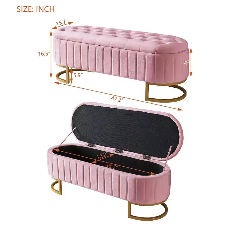 Banc de rangement élégant rembourré avec capitonnage, banc d'entrée avec pieds en métal, banc de bout de lit facile à assembler pour chambre à coucher